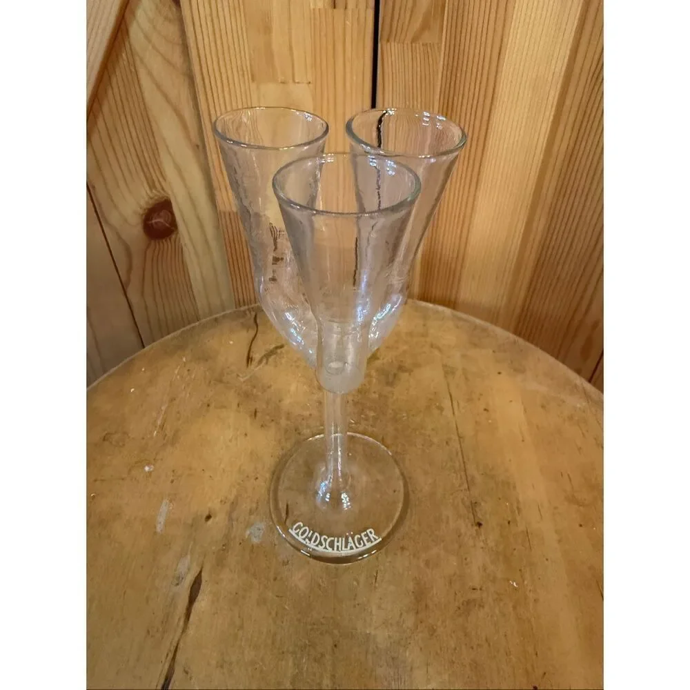VINTAGE GOLDSCHLAGER TRIPLE FLUTE TRIO LONG STEMMED CORDIAL GLASS GERMANY (7504)